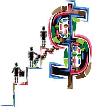 People Walking And Growing Up To Stairs For Money, Dollar And Wealth In Life. Abstract Colorful  Lines, Shapes, Symbols Of Business Idea Illustration. 