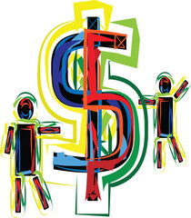 People working for money, dollar and wealth in life. Abstract colorful  lines, shapes, symbols of business idea illustration.