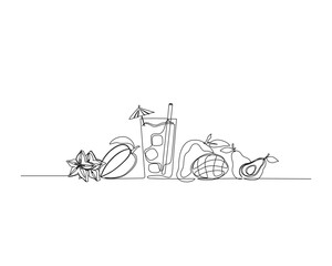 Continuous one line drawing of fresh juice. Fruit and juice outline vector illustration. Editable stroke.