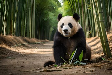 Fototapeta premium giant panda eating bamboo Generated AI