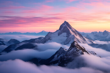 Beautiful aerial shot of mountains  under the beautiful pink and blue sky