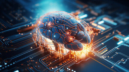 Nervous system in the human brain is powered by artificial intelligence.concept of a neural network printed circuit of big data and artificial intelligence, compute  Generative AI