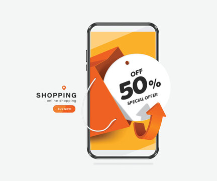 Circular white promotional label with the text special offer 50%off placed inside an orange shopping bag and all appear on smartphone screen