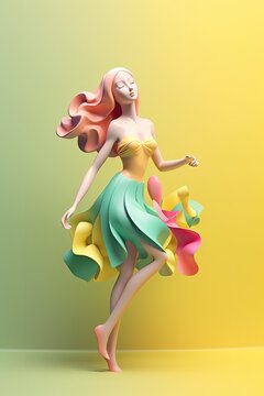 Colourful bright dancer girl model cartoon character. Copy space for your text. Minimal idea concept. AI generative
