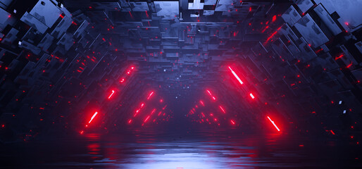 Sci-fi hexagonal empty tunnel with glowing red neon lines concept background