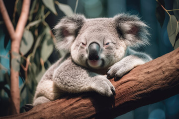 Sleepy koala clinging to a eucalyptus branch