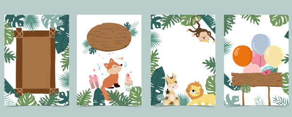 Wood frame collection of safari background set.Editable vector illustration for birthday invitation,postcard and sticker