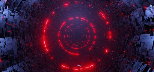 Sci-fi round empty tunnel with glowing red neon circle concept background