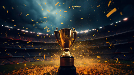 Win concept. Champion Award gold cup, Golden winner's cup in the middle of a soccer stadium with audience. generated AI