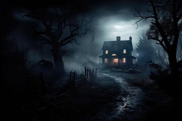 Spooky haunted house with eerie lights and fog - Powered by Adobe