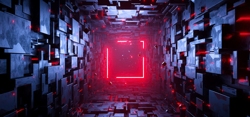 Sci-fi rectangular tunnel with neon red square sign concept background - 637451594