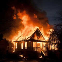 a fire in a country house. Burning house. Generative ai