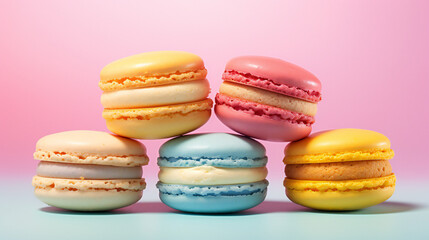 Close-up of macarons cakes of different colors in colorful pink, blue air background. Culinary and cooking concept. Tasty colourful macaroons.