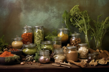 Still life of a variety of herbs and spices arranged in jars and bowls