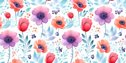 Flower seamless pattern with watercolor and wash effects. Concept: Botanical motifs illustrated in a delicate blurred style