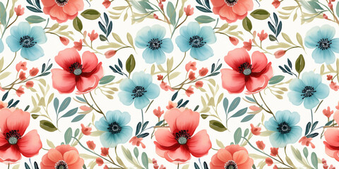 Poppy seamless pattern with loose painterly watercolor and wash effects. Concept: Imprecise blooms in a vague flowing manner