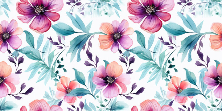 Flower seamless pattern with impressionistic watercolor and wash effects. Concept: Botanicals designed in a dreamy expressive fashion