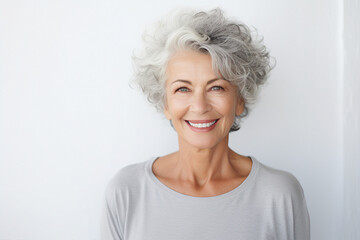 Generative ai collage image picture of aged lady happy smiling over grey background - Powered by Adobe