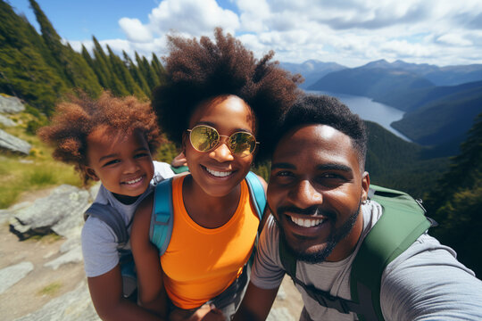 Generative AI picture of amazing young family three members traveling together mom dad son daughter hiking hobby