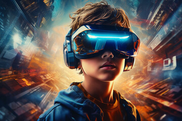 Generative ai collage photo of guy gamer using device gadget for virtual reality simulation