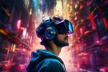 Generative ai collage photo of guy gamer using device gadget for virtual reality simulation