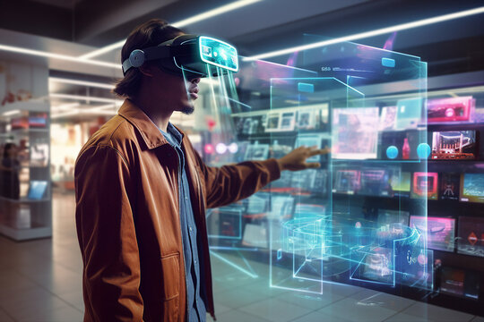 Generative ai collage phoo of person shopper using vr box vhoose products in store