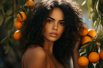 Generative ai photo portrait of charming woman surrounded by sweet exotic fruits in tropical forest