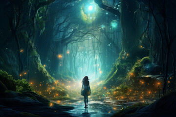Generative ai collage image picture of small person travel in magical dark enchanted forest