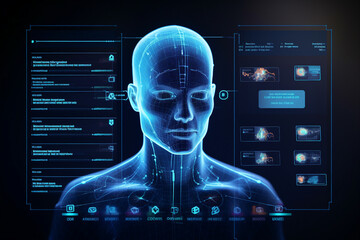 Generative ai collage photo of humanoid scientific study development on virtual computer making person hologram