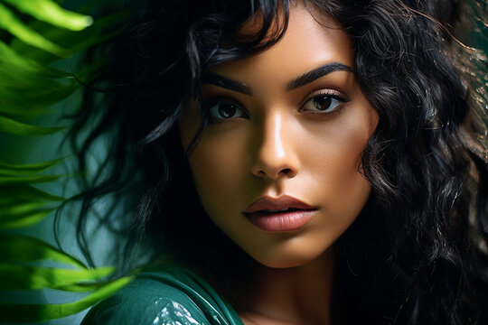 Generative AI picture of beautiful woman among tropical plants exotic palms in green jungle