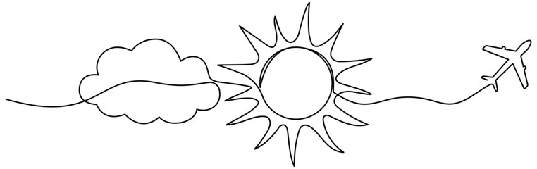 Airplane with clouds and sun continuous one line drawn. Flying plane in sky. Travel linear symbol. Vector illustration isolated on white.