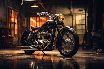 Wall murals Bike Photorealistic generative ai artwork of vintage classic motorcycle in iluminsted garage