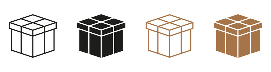 Cardboard Box Line and Silhouette Icon Set. Carton Parcel Symbols Collection. Cargo Pack, Post Delivery Service. Closed Package Black and Color Pictogram. Gift Sign. Isolated Vector Illustration
