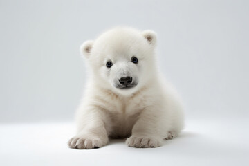 a small white polar bear sitting on a white surface