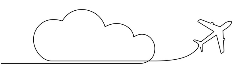 Airplane with cloud continuous one line drawn. Flying plane in sky. Travel linear symbol. Vector illustration isolated on white.