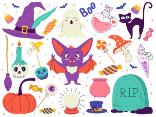 Cute set of halloween characters. Bat, black cat, skull, candle, candy, ghost, eye, bat, broom, witch hat, poison apple, potion, cauldron. Beautiful, vector illustration in a cartoon style.