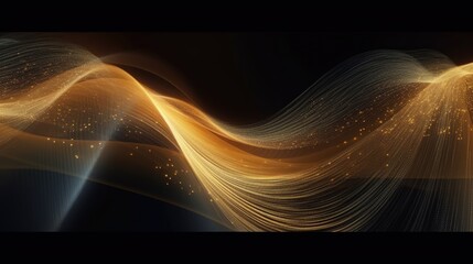 Abstract wavy flowing lines with glittering effect, golden sparkles on black background. Generative...