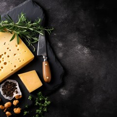 Hard cheese with olives and cheese knife on black stone background. Parmesan cheese. Generative AI.