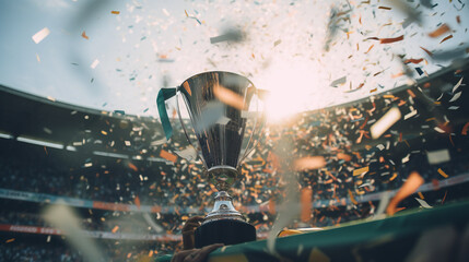 Win concept. Champion Award gold cup, Golden winner's cup in the middle of a soccer stadium with audience.  generated AI