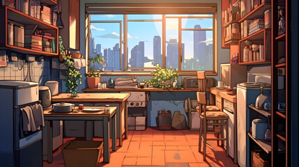 Fototapeta na wymiar kitchen with open window anime style Made with Generative AI