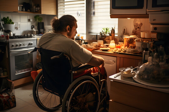 Disabled Man From Behind In A Wheelchair Lives A Daily Life And Prepare Dinner In The Kitchen At Home