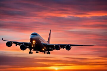 Fototapeta na wymiar Airplane for transportation flying on the sunset sky