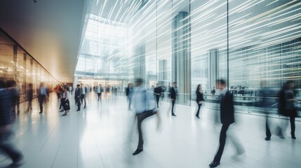 Long exposure shot of crowd of business people walking in bright office fast moving with blurry, Generative AI