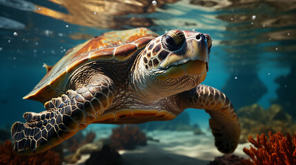 Obraz premium The sea turtle swims in the clear water of the ocean.