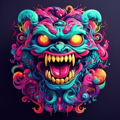 Obraz premium A psychedelic monster character with a retro-inspired shirt design that combines fluorescent colors, swirling patterns, and abstract shapes