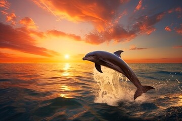 Delfines Atardeciendo. Imagen del Horizonte sobre el Mar con los Delfines Nadando al Atardecer: Generative AI
