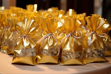 Golden Goodie Bags at Reception Event | Beautifully Presented Bags Filled with Candies, Chocolates, and Cosmetics for Clients and Guests: Generative AI