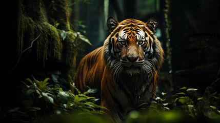 A tiger stalks among the green leaves of the jungle.