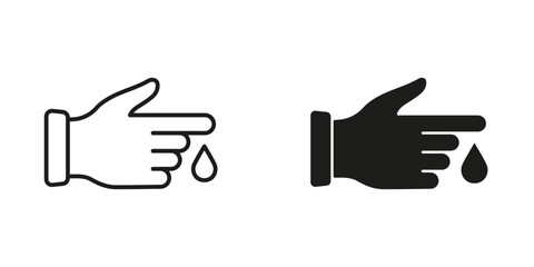 Human Hand with Blood Drop, Hemoglobin and Sugar Research. Hypoglycemia Probe. Glucose Level Analysis, Blood Test for Diabetes Disease Line and Silhouette Black Icon Set. Isolated Vector Illustration