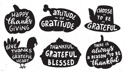 Thanksgiving prints, cards, posters set. Thanksgiving quotes in silhouettes for sublimation, stickers, etc. EPS 10